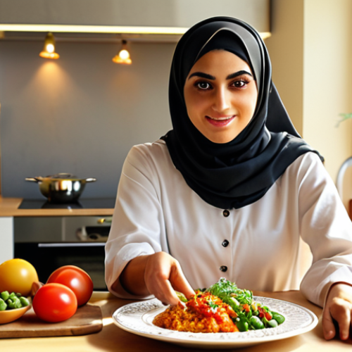 Home 6 **A vibrant, eye-level shot of a modern Arab woman confidently presenting a healthy and innovative dish in her sunlit kitchen. Focus on the details of the fresh ingredients and the artful presentation, highlighting her passion for healthy cooking. Background should include modern kitchen elements.**