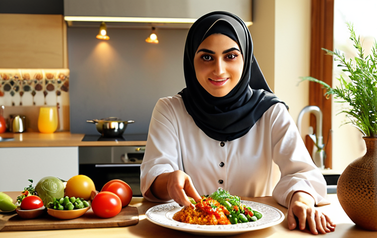 **A vibrant, eye-level shot of a modern Arab woman confidently presenting a healthy and innovative dish in her sunlit kitchen. Focus on the details of the fresh ingredients and the artful presentation, highlighting her passion for healthy cooking. Background should include modern kitchen elements.**