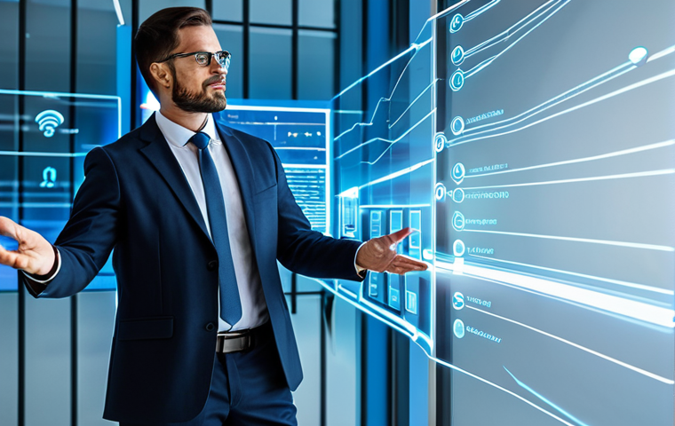 A professional male digital marketing expert in a modest business suit, standing confidently in a sleek, modern digital workspace. He is gesturing towards a transparent holographic interface that visually depicts glowing, interconnected pathways, symbolizing the integration and synergy between search engine optimization (SEO) data and social media engagement metrics. The background is minimalist with ambient blue and white light. Fully clothed, appropriate attire, safe for work, professional, perfect anatomy, correct proportions, natural pose, well-formed hands, proper finger count, natural body proportions, high-quality, ultra-detailed, sharp focus, professional photography.
