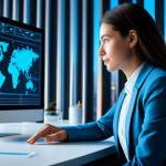 A professional female marketer in a modest business suit, sitting at a sleek desk in a modern, minimalist office. She is attentively interacting with a luminous, holographic AI interface that projects dynamic data visualizations, intricate charts, and flowing streams of information. The interface acts as a guiding compass, illuminating her face with soft blue light. The background features blurred city lights through a large window, conveying a sense of foresight and strategic thinking. High-resolution, professional photography, crisp focus. fully clothed, modest clothing, appropriate attire, professional dress, perfect anatomy, correct proportions, natural pose, well-formed hands, proper finger count, natural body proportions, safe for work, appropriate content, family-friendly.