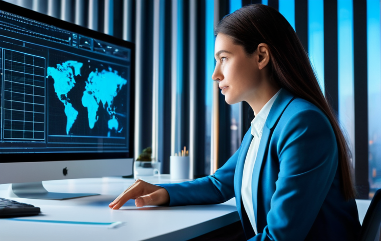 A professional female marketer in a modest business suit, sitting at a sleek desk in a modern, minimalist office. She is attentively interacting with a luminous, holographic AI interface that projects dynamic data visualizations, intricate charts, and flowing streams of information. The interface acts as a guiding compass, illuminating her face with soft blue light. The background features blurred city lights through a large window, conveying a sense of foresight and strategic thinking. High-resolution, professional photography, crisp focus. fully clothed, modest clothing, appropriate attire, professional dress, perfect anatomy, correct proportions, natural pose, well-formed hands, proper finger count, natural body proportions, safe for work, appropriate content, family-friendly.
