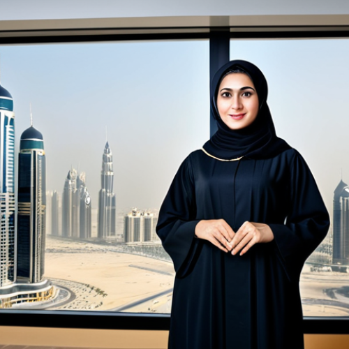 Home 26 **
"A confident businesswoman in a stylish, modest abaya, standing in a modern Dubai office with skyscrapers in the background, fully clothed, appropriate attire, safe for work, perfect anatomy, natural proportions, professional photography, high quality."
**