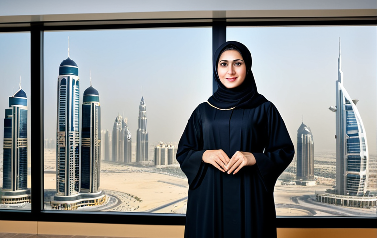**

"A confident businesswoman in a stylish, modest abaya, standing in a modern Dubai office with skyscrapers in the background, fully clothed, appropriate attire, safe for work, perfect anatomy, natural proportions, professional photography, high quality."

**