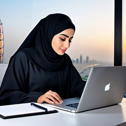 Home 25 **
"A professional Arab businesswoman in a modern, modest abaya and hijab, working on a laptop in a stylish office overlooking a Dubai cityscape at sunset, fully clothed, appropriate attire, safe for work, perfect anatomy, natural proportions, professional photography, high quality, family-friendly."
**