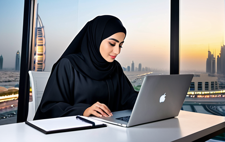 **

"A professional Arab businesswoman in a modern, modest abaya and hijab, working on a laptop in a stylish office overlooking a Dubai cityscape at sunset, fully clothed, appropriate attire, safe for work, perfect anatomy, natural proportions, professional photography, high quality, family-friendly."

**