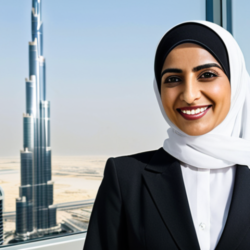 Home 12 **Prompt:** A successful Arab businesswoman in a modern office in Dubai, wearing a professional business suit, smiling confidently. Background: Burj Khalifa view. Focus: leadership, success, professional dress, fully clothed, safe for work, perfect anatomy, natural proportions, professional photography, high quality.