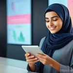 소셜미디어마케터 실무 체크리스트 - **Prompt:** A young, thoughtful Arab female marketer, dressed in a stylish yet modest contemporary o...