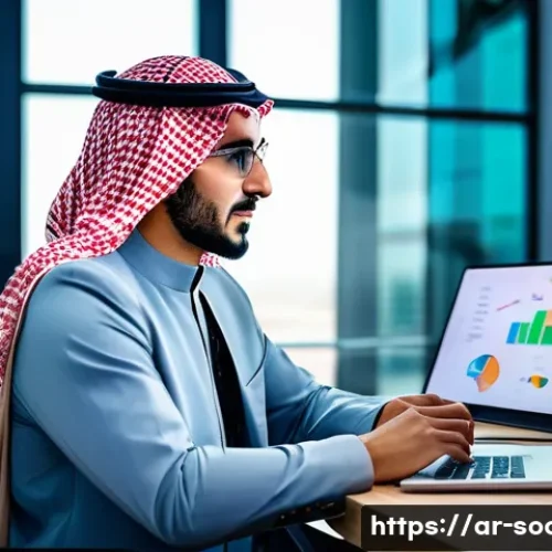 소셜미디어마케터의 연봉 분석 - A professional Saudi Arabian social media marketer working in a modern Riyadh office, surrounded by ...