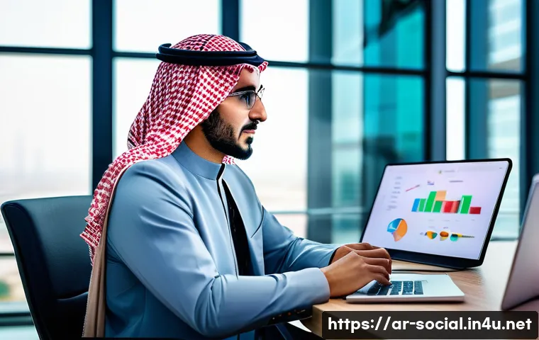 소셜미디어마케터의 연봉 분석 - A professional Saudi Arabian social media marketer working in a modern Riyadh office, surrounded by ...