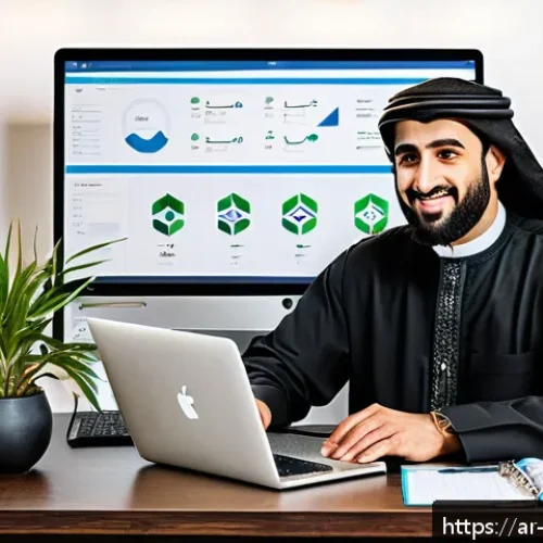 소셜미디어마케팅 진출 가능 분야 - A modern digital branding workspace featuring a Middle Eastern entrepreneur in traditional attire se...