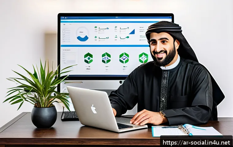 소셜미디어마케팅 진출 가능 분야 - A modern digital branding workspace featuring a Middle Eastern entrepreneur in traditional attire se...