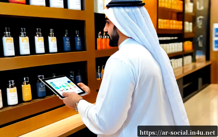페이스북 광고 운영 사례 - Photorealistic Arab small business owner in a modest modern Dubai boutique, studying a tablet with a...