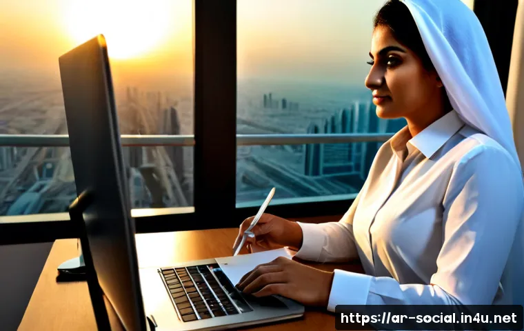 링크드인 마케팅 활용법 - Photorealistic modern marketing workspace in Dubai, Arab businesswoman in elegant modest professiona...
